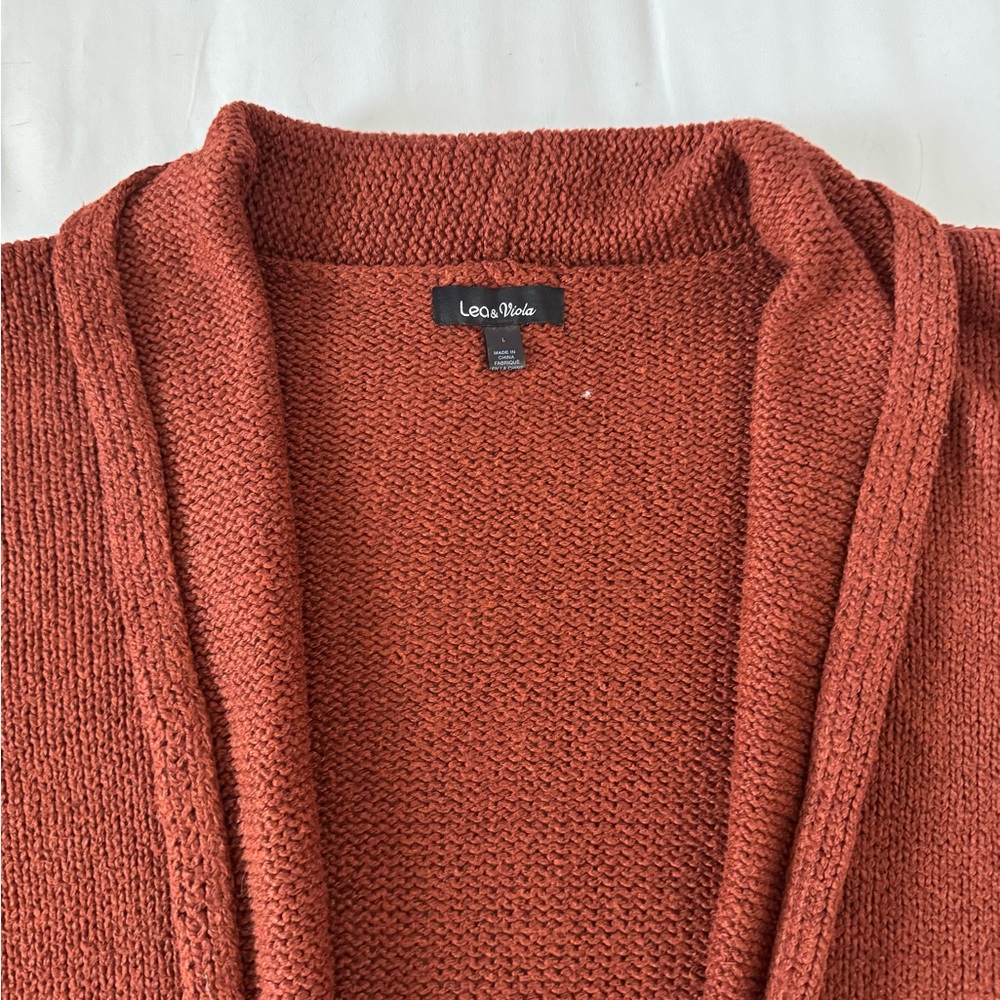 Rust-Red Long Open-Front Knit Cardigan - Picture 3 of 5
